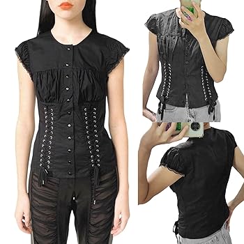 PMIYS Womens Gothic T-shirts Cap Sleeve Side Tie-up Tops